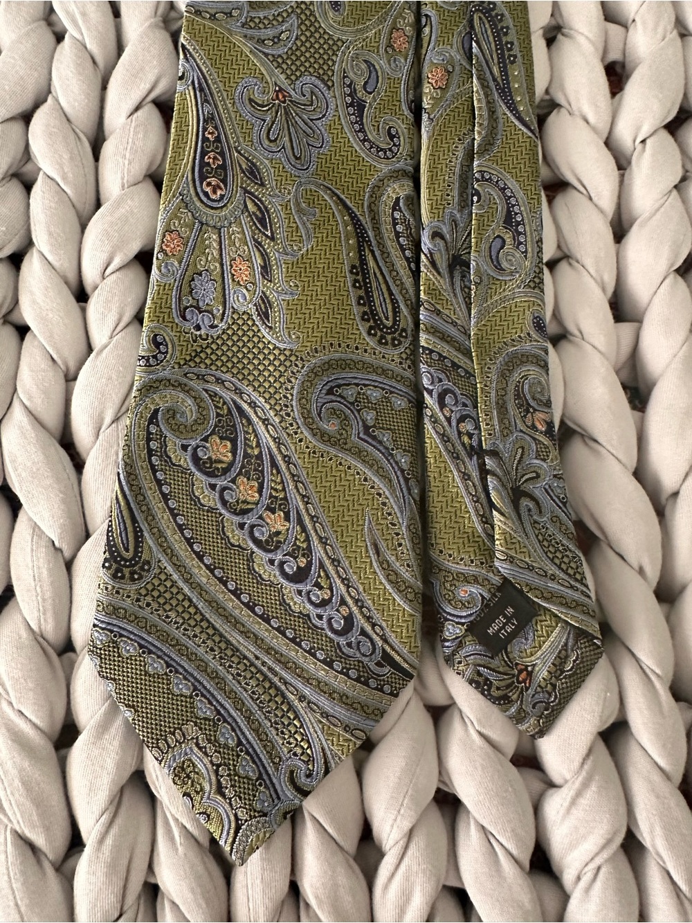 Jos. A. Bank Olive Paisley Silk Tie with Gray and Cream Accents